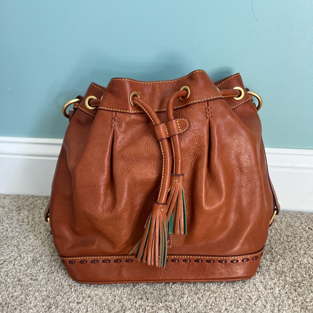 Dooney and Burke Brown Leather Drawstring Bucket Bag